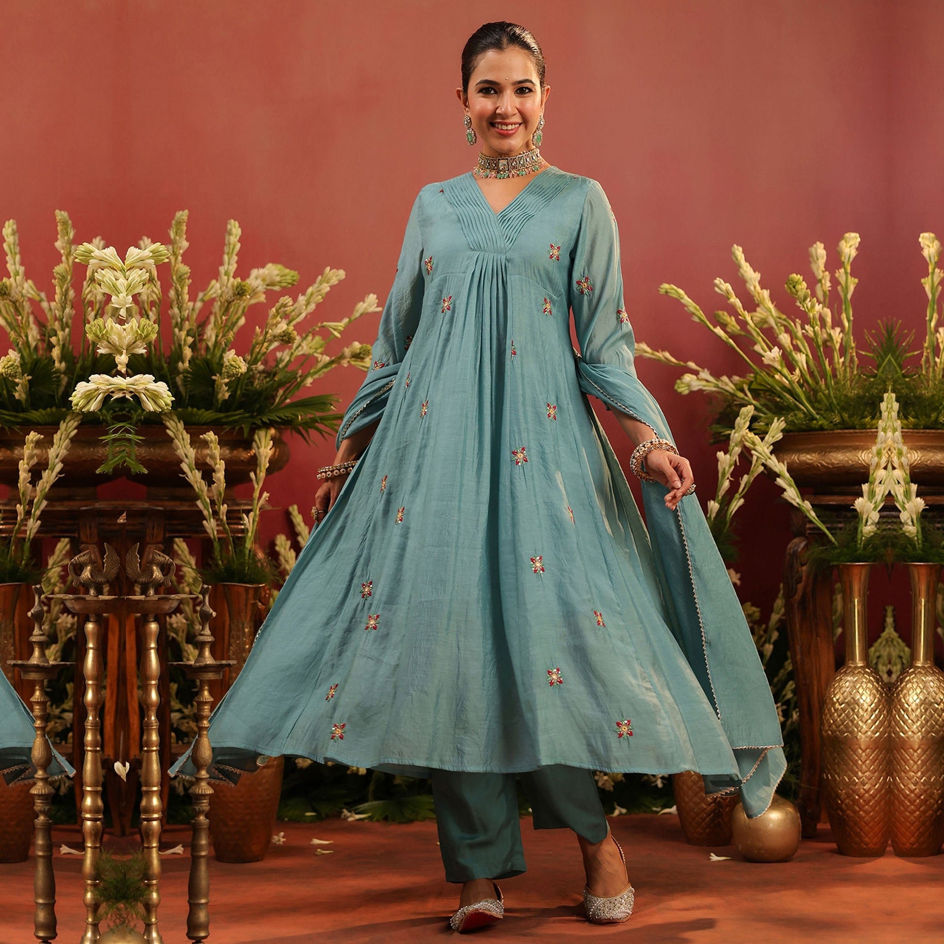 Mul Chanderi Hand Embroidered Anarkali Suit - Bluauraa