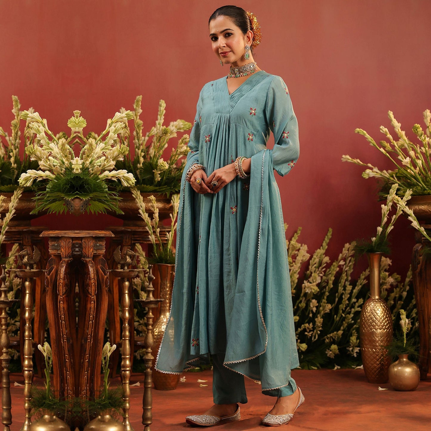 Mul Chanderi Hand Embroidered Anarkali Suit - Bluauraa