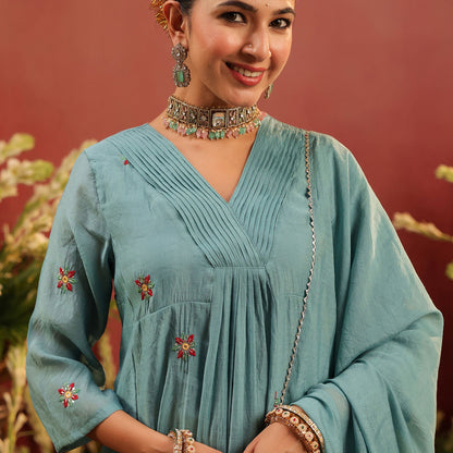 Mul Chanderi Hand Embroidered Anarkali Suit - Bluauraa