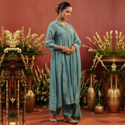 Mul Chanderi Hand Embroidered Anarkali Suit - Bluauraa