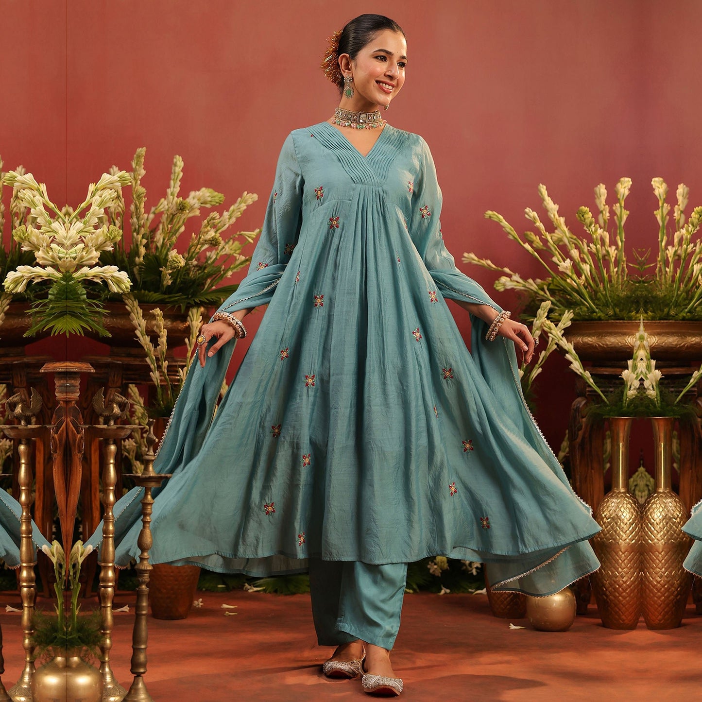 Mul Chanderi Hand Embroidered Anarkali Suit - Bluauraa