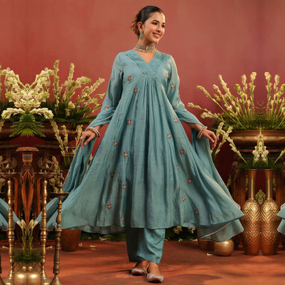 Mul Chanderi Hand Embroidered Anarkali Suit - Bluauraa