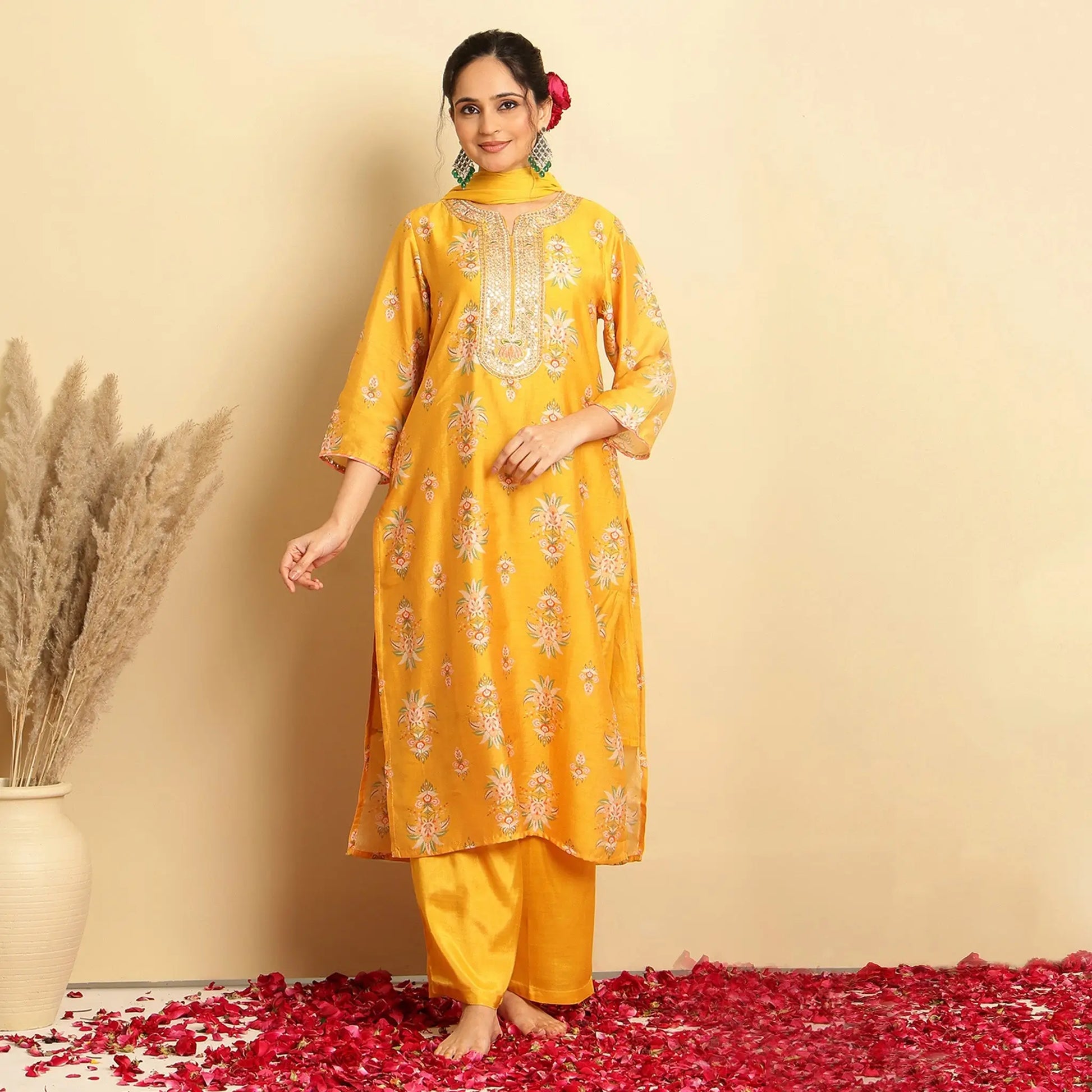 Mustard Floral Chanderi Silk Straight Suit - Bluauraa