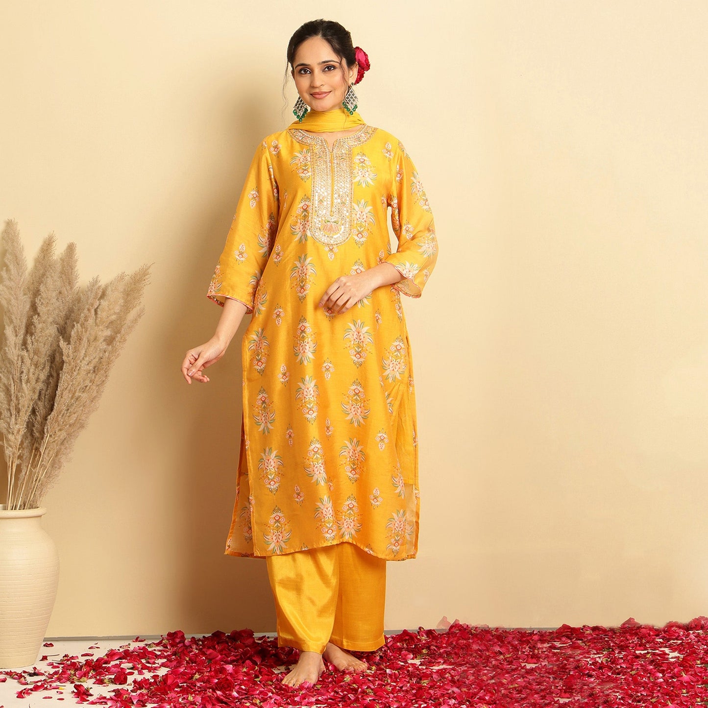 Mustard Floral Chanderi Silk Straight Suit - Bluauraa