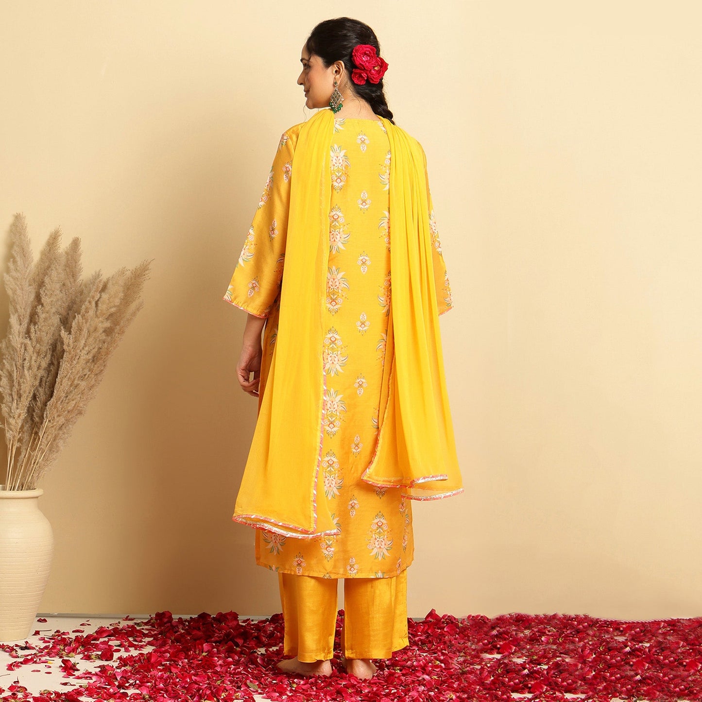 Mustard Floral Chanderi Silk Straight Suit - Bluauraa