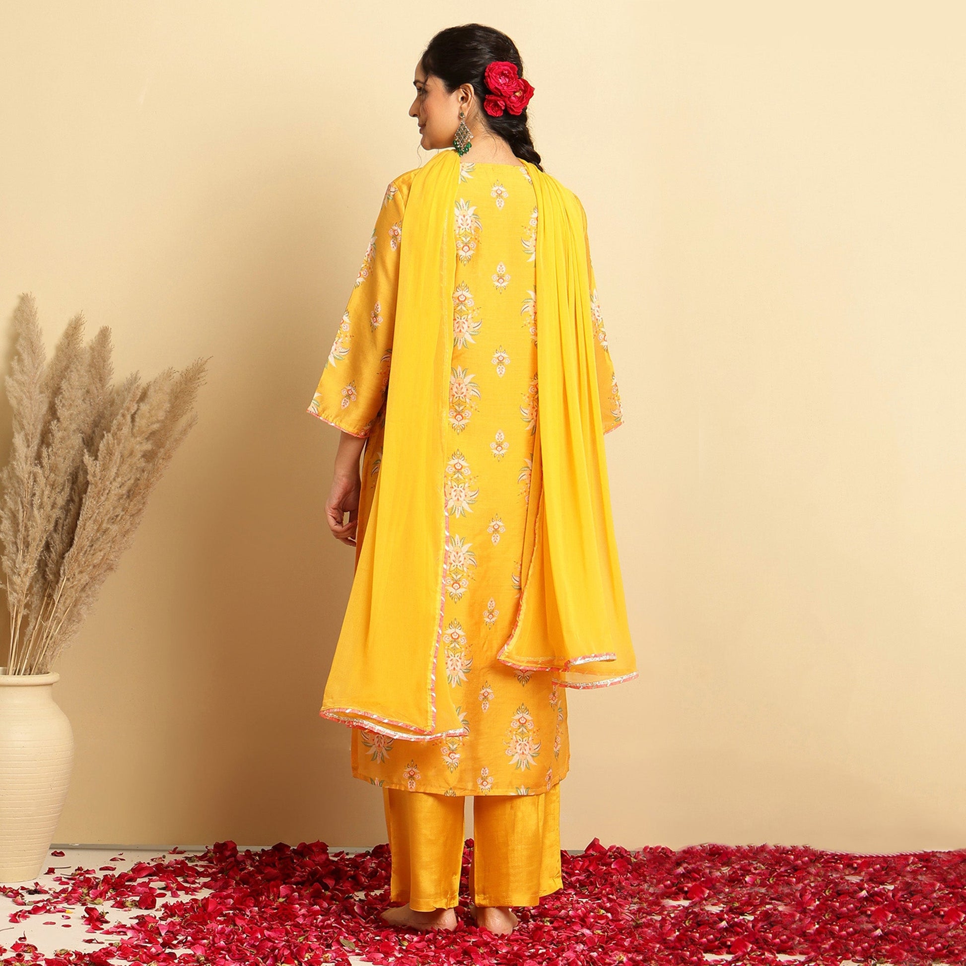 Mustard Floral Chanderi Silk Straight Suit - Bluauraa