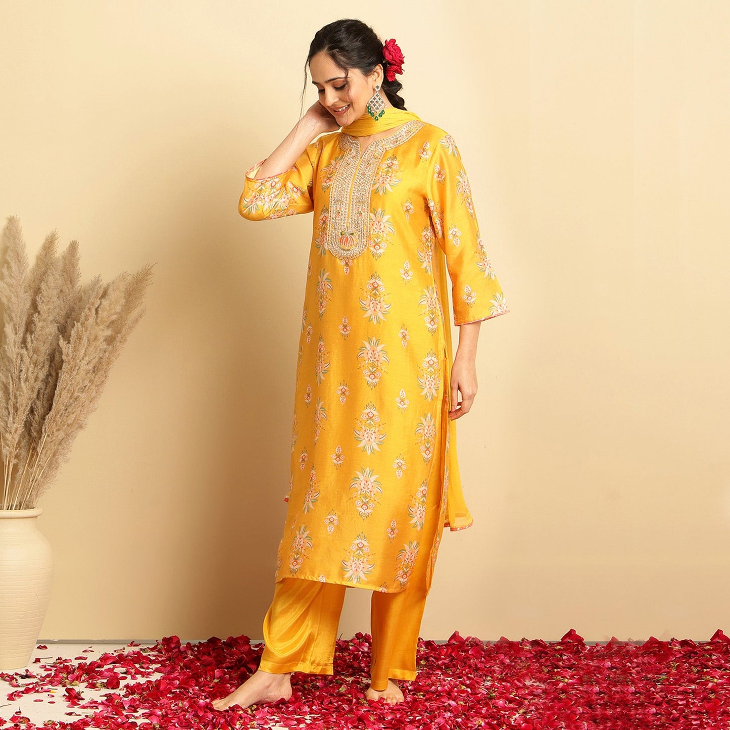 Mustard Floral Chanderi Silk Straight Suit - Bluauraa