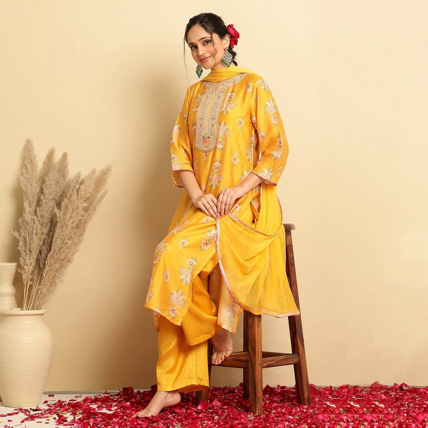 Mustard Floral Chanderi Silk Straight Suit - Bluauraa