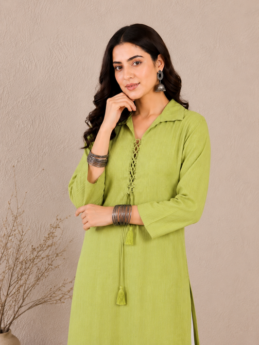 Lime Green Cotton A-Line kurta