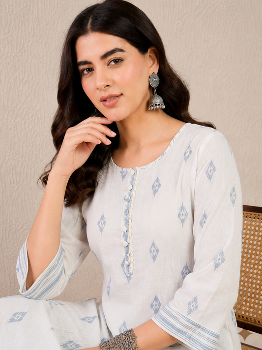 Off White Kurta with Blue Butti and Pant